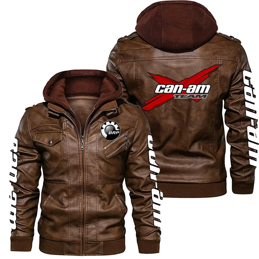 2023 New Winter Men's Eurosize Brp Can-am Logo Long  Pu Leather Sleeve Zipper Hooded Jacket Fleece-lined Fashion Keep Warm Coat