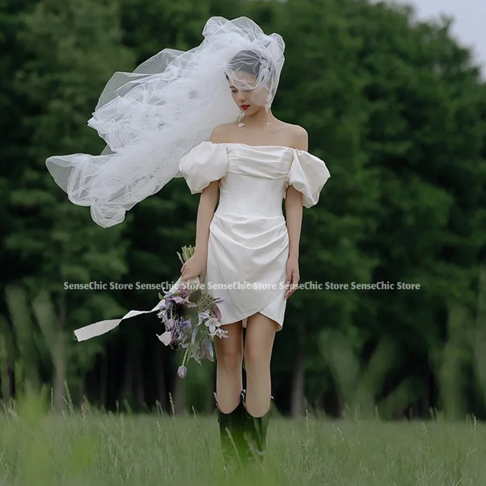 Puff Sleeve Wedding Dresses Satin Layered Ruffle Mini Formal 코리아 웨딩드레스 Simple Birthday Bride Gown Dress Customize