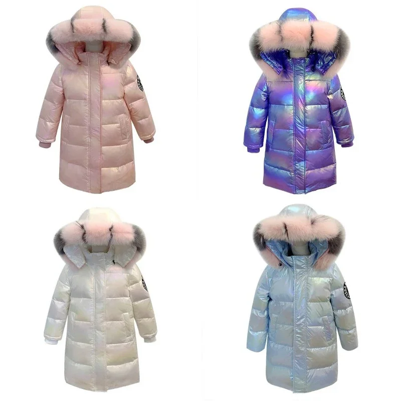 

Medium Long Styles Shiny Girls Hooded Down Jacket Winter Fur Collar Windproof Coat Kids Parka Snowsuit Clothing New 5-14 Years