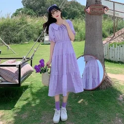 Summer New Purple Mid-Length Short-Sleeve Dress Women Woman Dress Vestido De Mujer Femme Robe