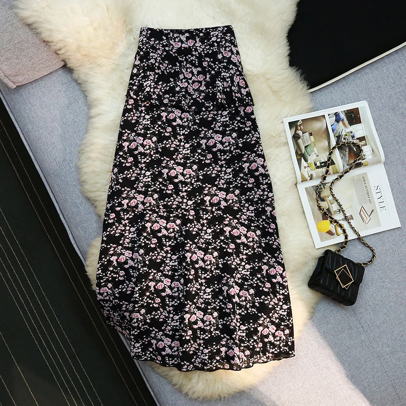 Seoulish Elegant High Waist Floral Skirt for Women Summer A Line Slit Slim Fit Women's Beach Skirt Long Skirt Fashion 2026