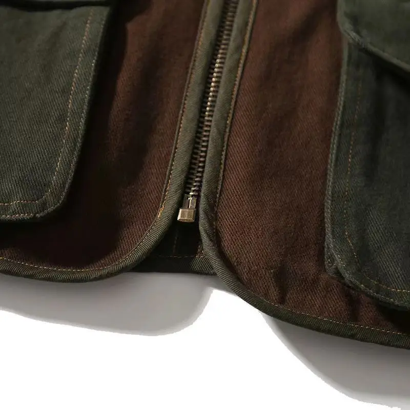 Vintage American Casual Heavyweight Washed Vest Multi Pockets Patchwork Unisex Loose Vest Jackets Coats with Zipper High Quality