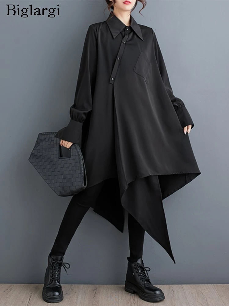 

Oversized Spring Midi Shirts Dress Women Irregular Pleated Fashion Long Sleeve Ladies Dresses Casual Loose Woman Shirt Dress