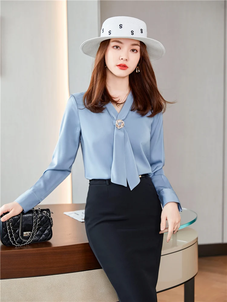 Women Single Breasted ButtonMonochromatic V Collar Top Elegant Khaki Blouse Office Wear Lady Work Wear Spring Autumn