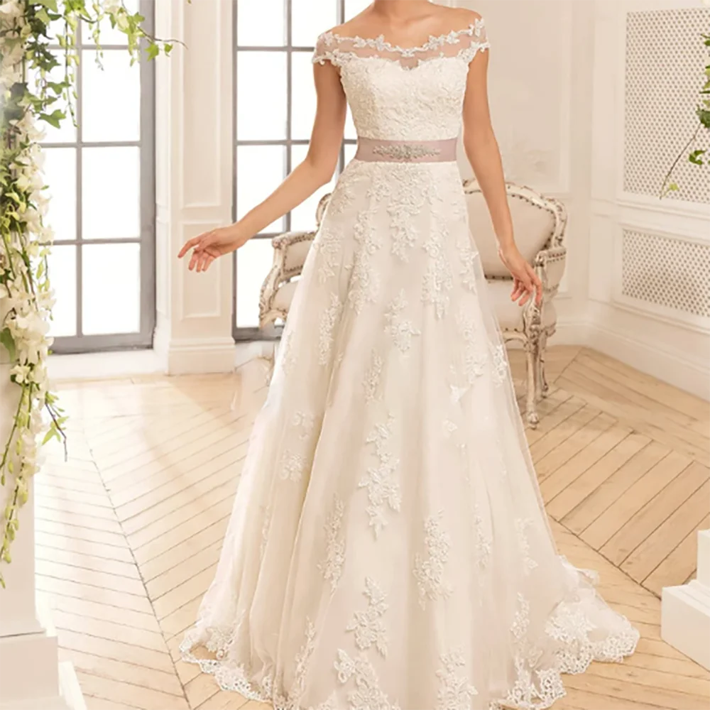 

Classic Off Shoulder Appliquins Sleeveless Sashes A-Line Bride Wedding Dresses Bridal Gowns Customized