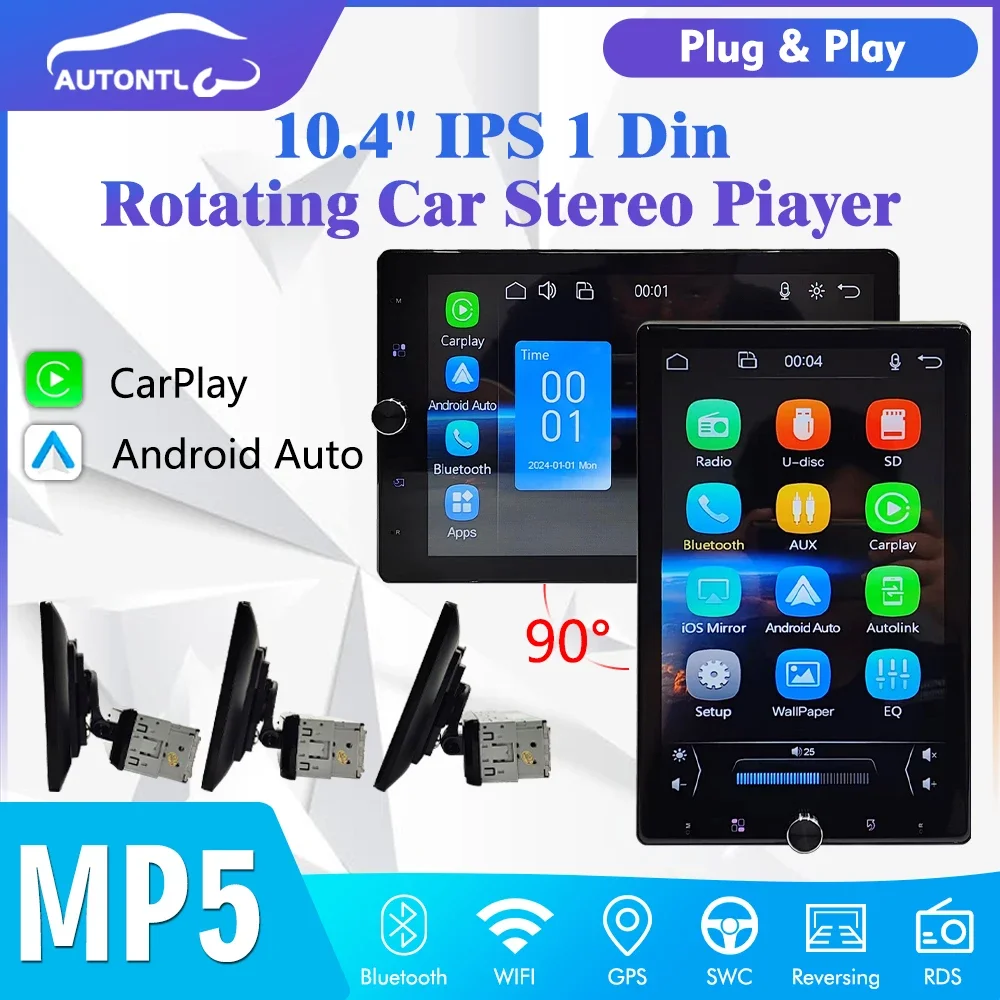 

1 Din MP5 Car Stereo Radio Carplay Android Auto 10.4'' HD 2.5D Screen Bluetooth FM Receiver Multimedia Video Player