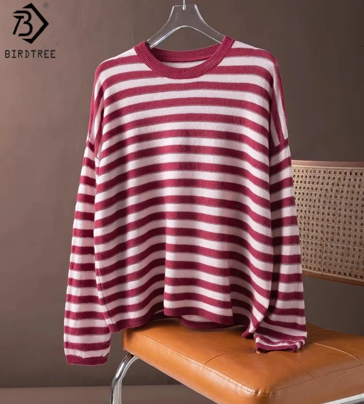

Birdtree 100% Sheep Wool Sweater,Woman Red Pink Stripe O-neck Soft Autumn Long Sleeve Knit Sweater Tops,Commute Style T58728JF