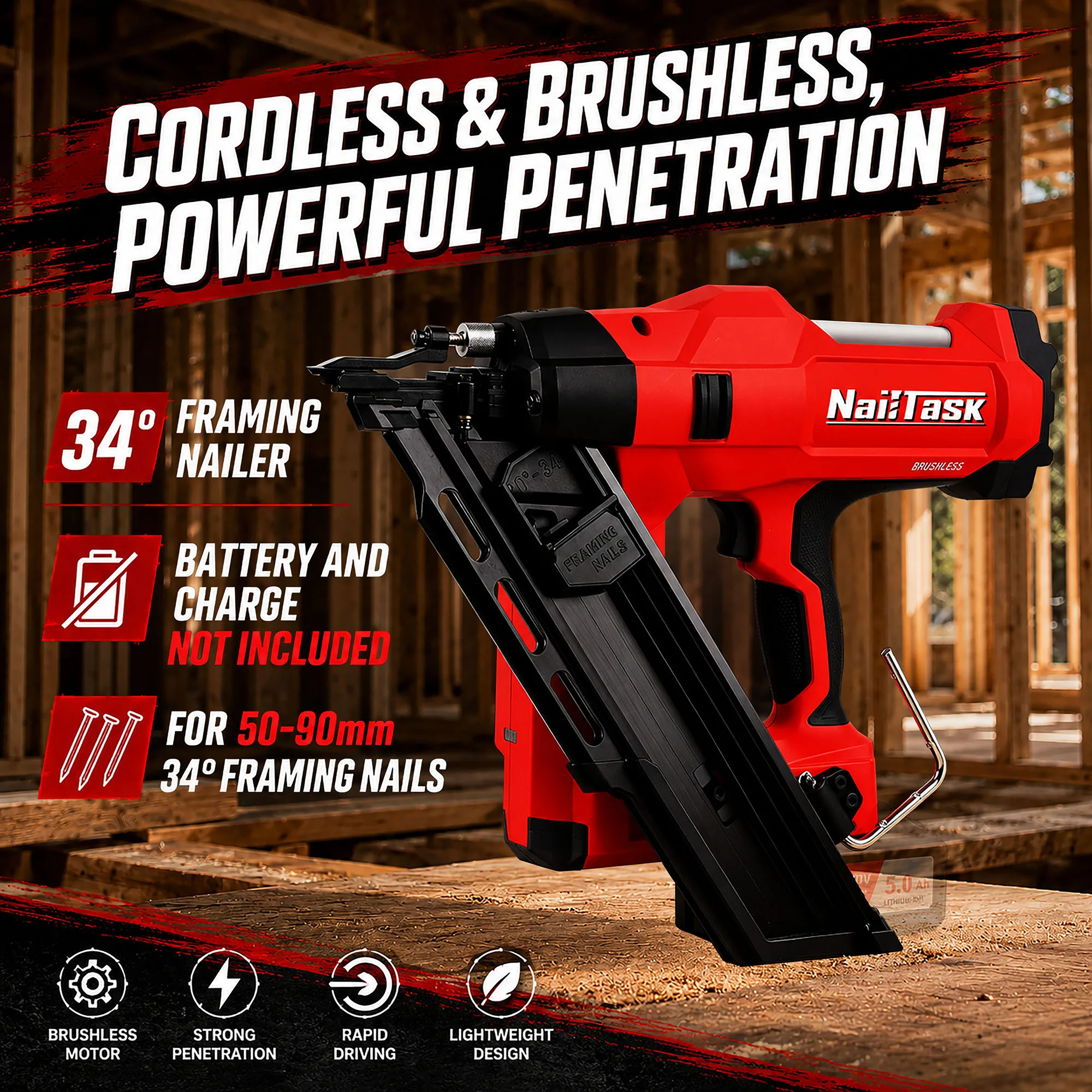34 Degree Cordless Brushless Framing Nailer, Adjustable Depth, No Battery, for Door Window and Flooring Work
