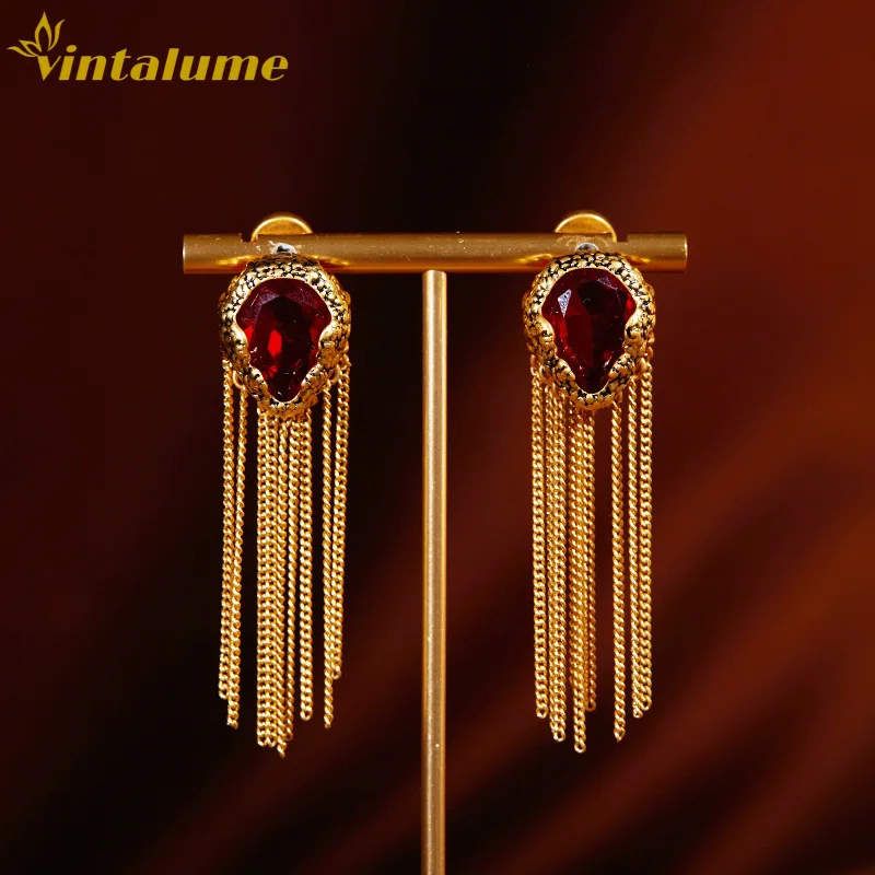 

Vintalume Fashion Jewelry Waterdrop Red Glass Long Chain Tassels Dangle Drop Earrings Women Vintage Delicate Earring Party Gift