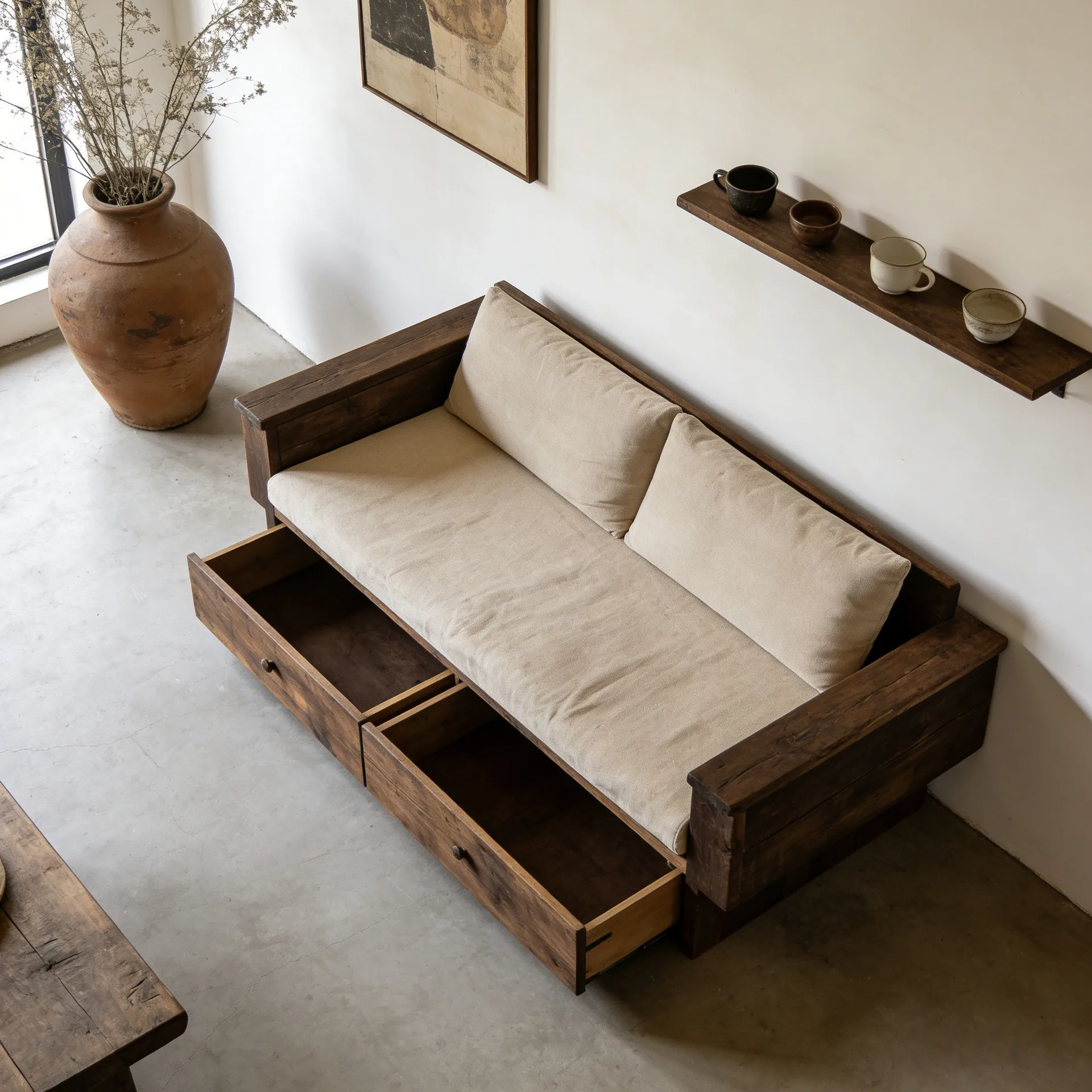 wabi-sabi solid wood sofa, three-person straight-row sofa in the living room