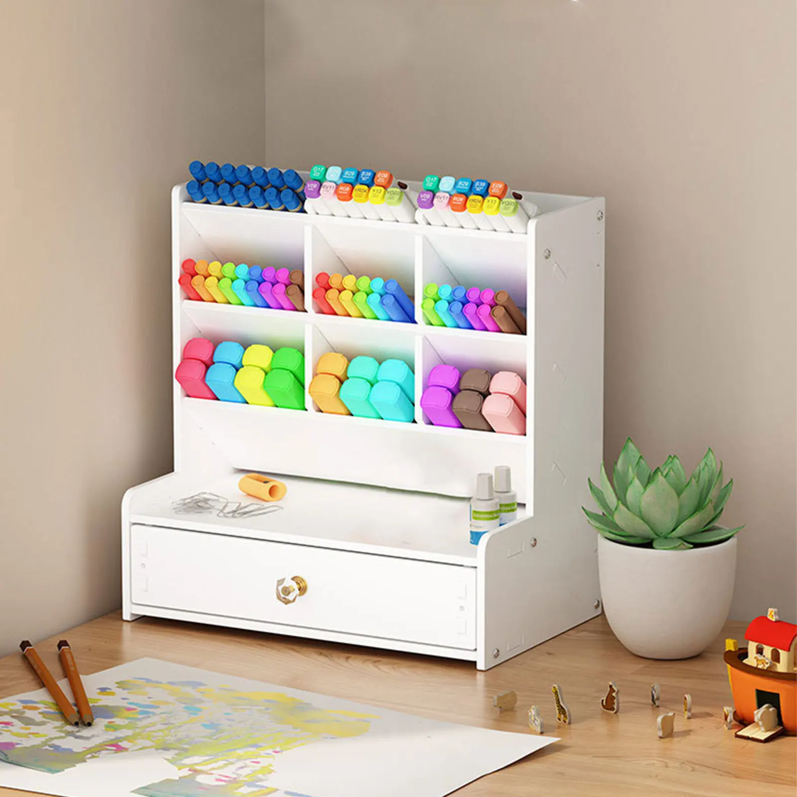 

Wooden Pen Holder Sturdy Lightweight Desk ganizer Pencil Container Multi Grid Storage Box Remote Control Practical Student Gift