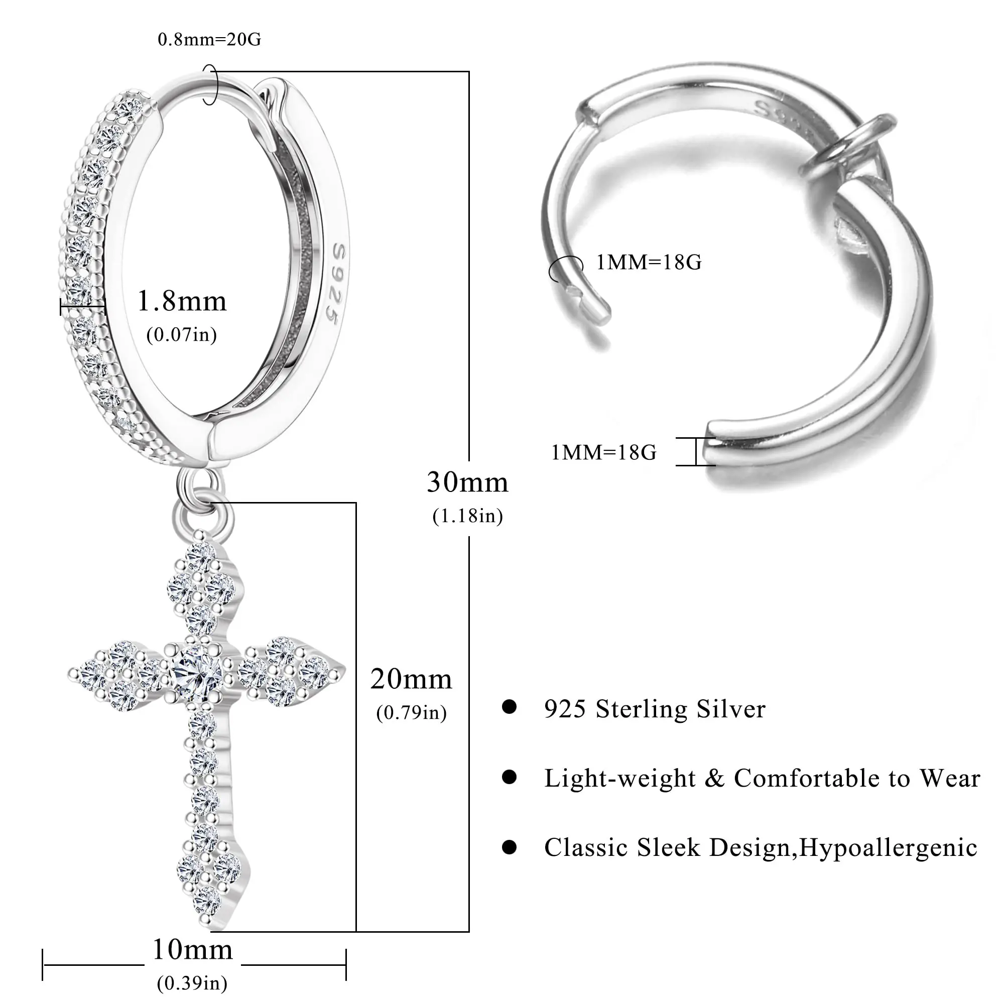 Fansilver 925 Sterling Silver Cross Earrings for Women Men Dainty CZ Huggie Hoop Earrings Iced Out Cross Dangle Earring with Box