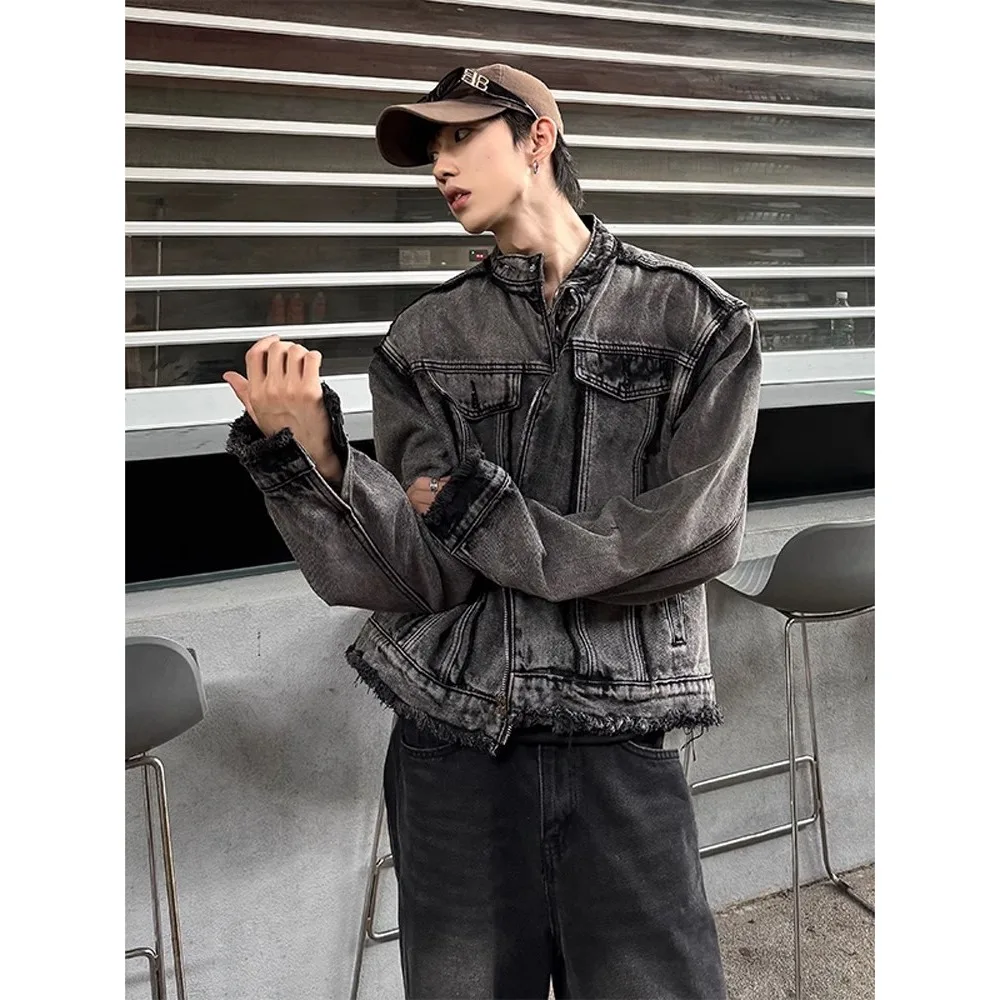 Retro American Washed Shoulder Padded Denim Jacket Short Style for Men And Women CleanFit Youth Trend Polyester Blend Jacket