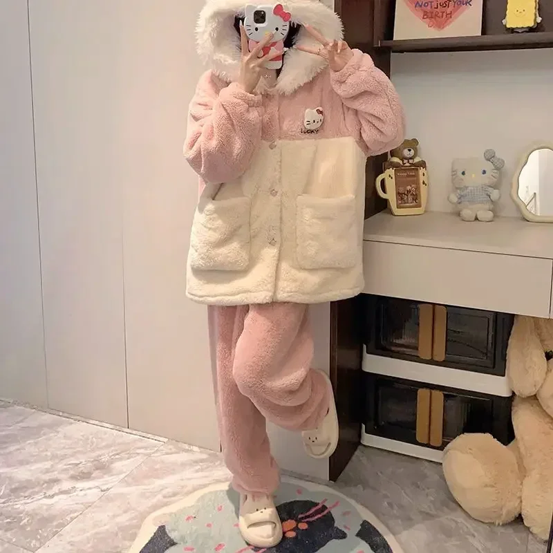 

Hello Kitty Anime Kawaii MINISO Fashion Coral Velvet Thickened Jacket Pants Set Ins Cinnamoroll Cartoon Coat Clothing Gifts Toys