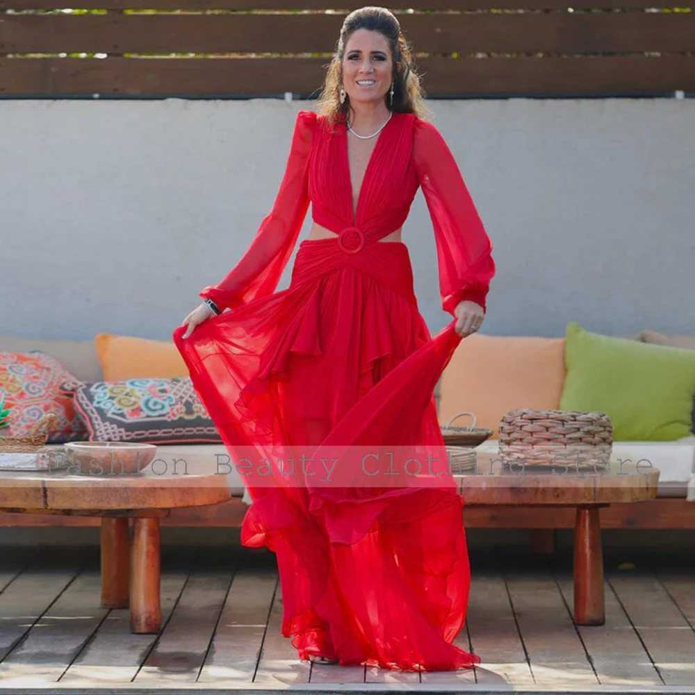 Evening Dress Classic Red Chiffon Ruffles Beach A-line V-neck Long Dresses Elegant Luxury Evening Dress 2024