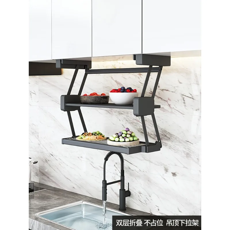 Kitchen cabinets, hanging cabinets, pull-down vegetable preparation shelves, foldable seasoning racks, wall-mounted