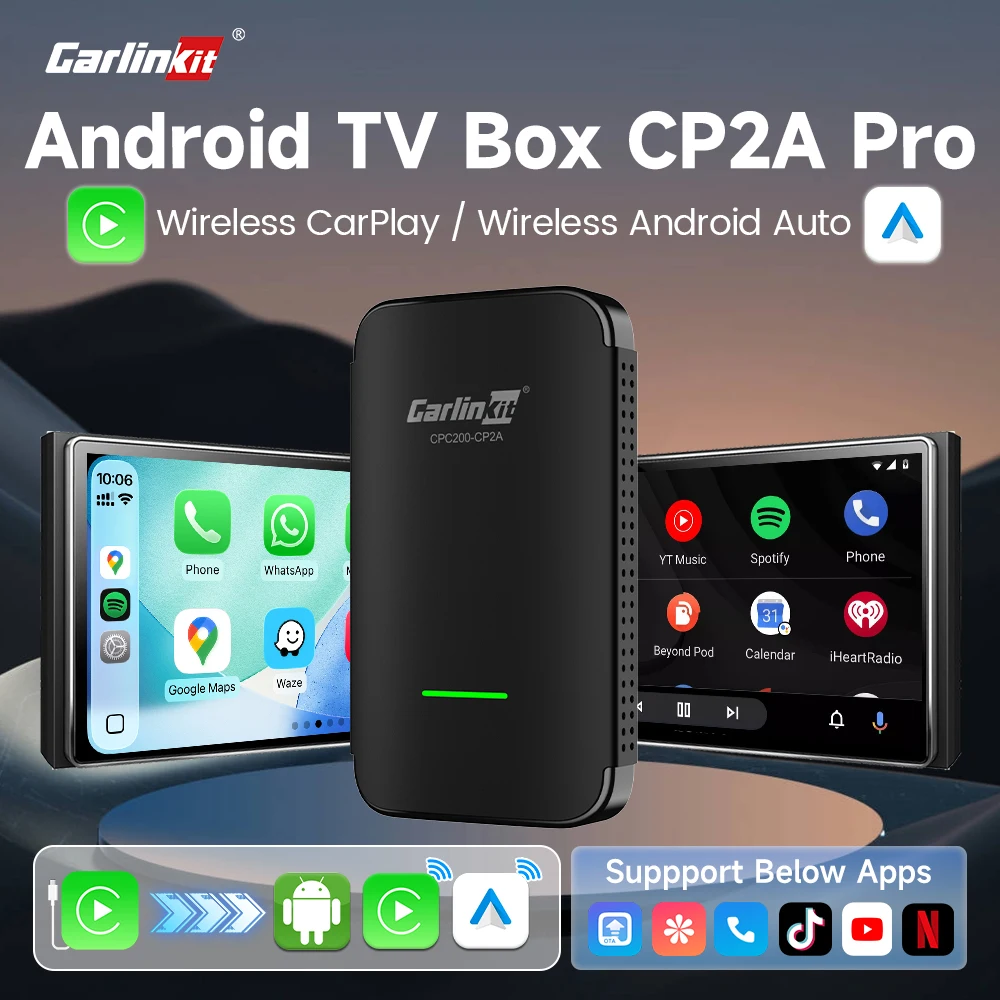 

CarlinKit 3-в-1 Android TV Box CP2A Pro CarPlay Android Auto Беспроводной адаптер для проводных автомобилей CarPlay 2,4G и 5Ghz BLE Auto Connect