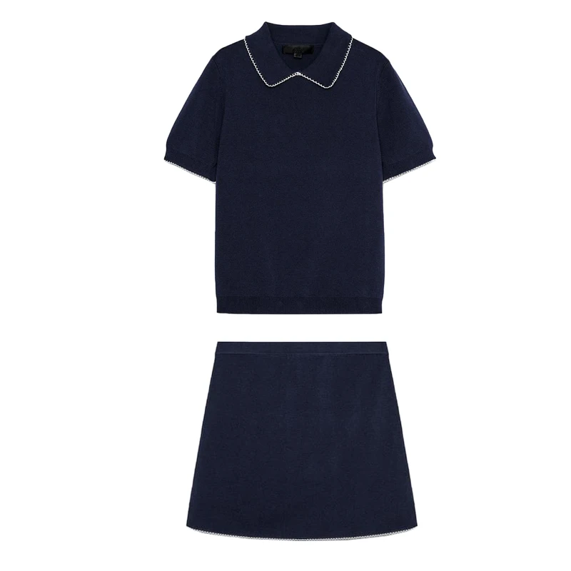 Falda de punto informal con cuello, diseño y decoración, conjunto superior ort Sve versátil para mujer, Faion de verano