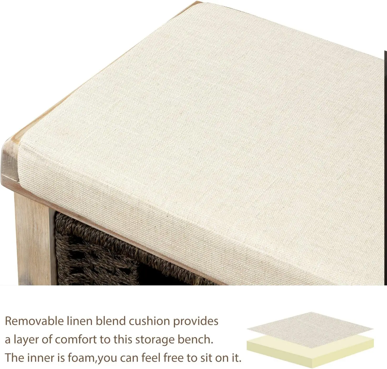 Harper&Bright Designs Rustic Storage Bench 3 Removable Baskets, Shoe Bench Removable Cushion (White)