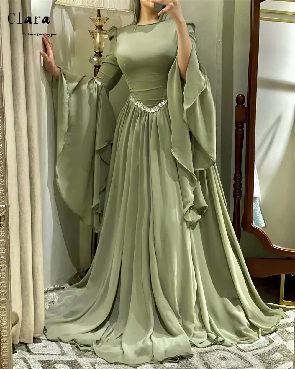 Clara personalizzato strass rosso manica lunga una linea abito da sera da sposa da donna di lusso 2025 abiti da ballo di lusso D/festa elegante