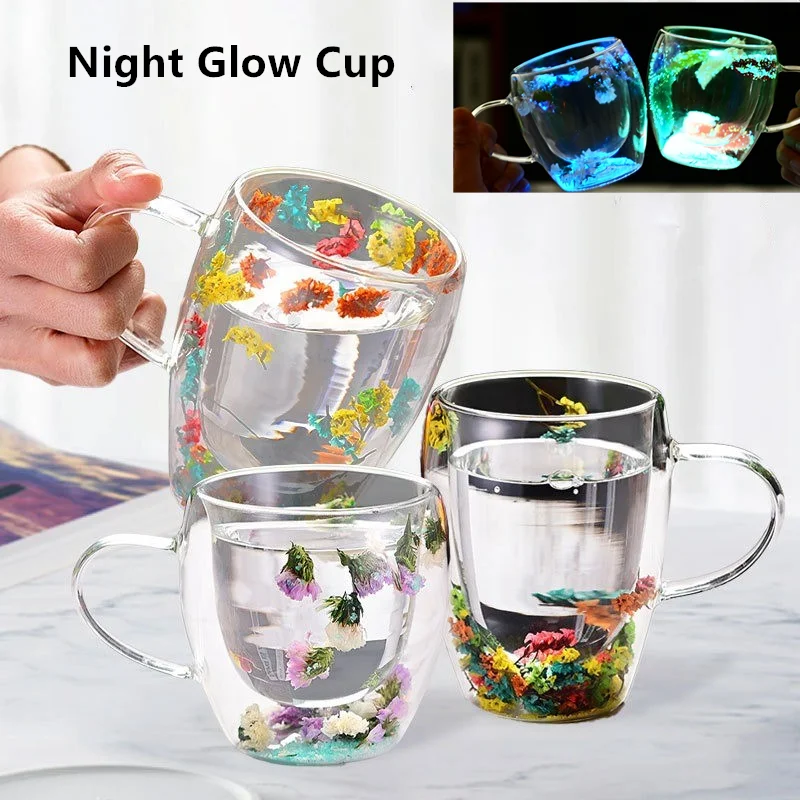 Nightglow Double Layer Cup High Borosilicate Glass Heat Resistant Dry Flower Cup Mark Cup Bar Nightclub Gift Cup