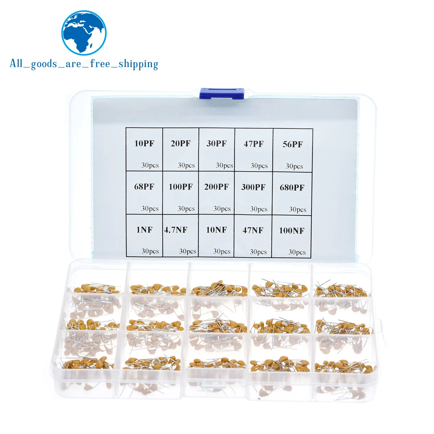 TZT 450pcs 15 Value Ceramic Capacitor Set 50v Assortment Box 10pf To 100nf Capacitor Kit 024