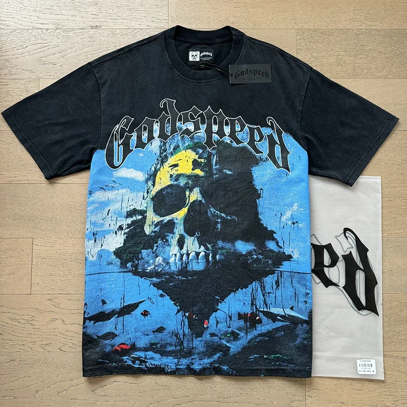 

Black Godspeed Oversized T Shirts Men Women High Quality Skull Print American Short Sleeve GOD SPEED Tops Tee