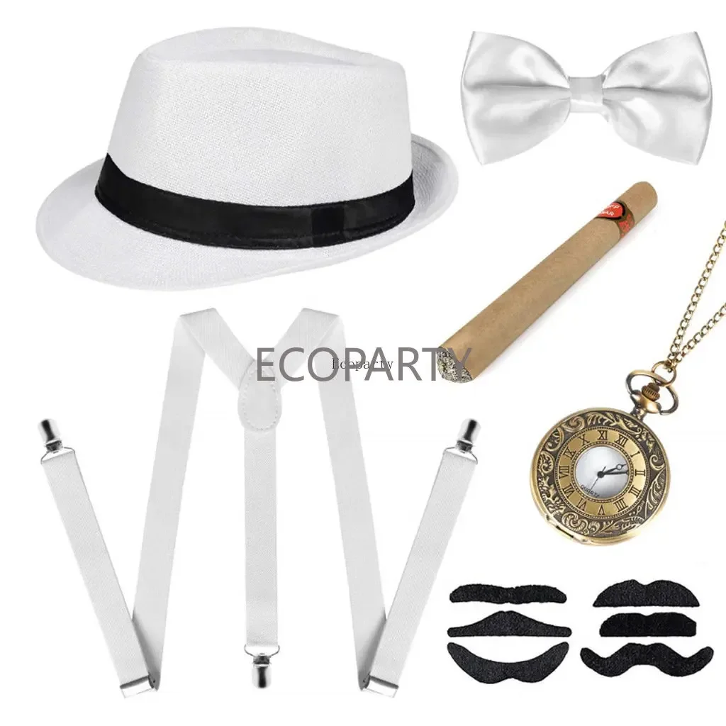 

1920s Men Gatsby Costume Beard Peaky Blinders Costume Accessories Set 30s Manhattan Gangster Beret Y-Back Suspender pocket watch