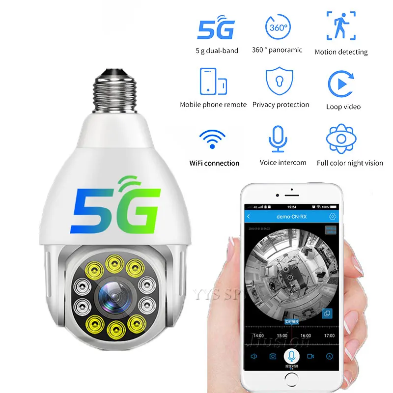 

360° 5G Wifi Panoramic Bulb Camera 10pc Infrared Lamps Night Vision Motion Detect 720P HD Surveillance Mini Security CCTV IP Cam