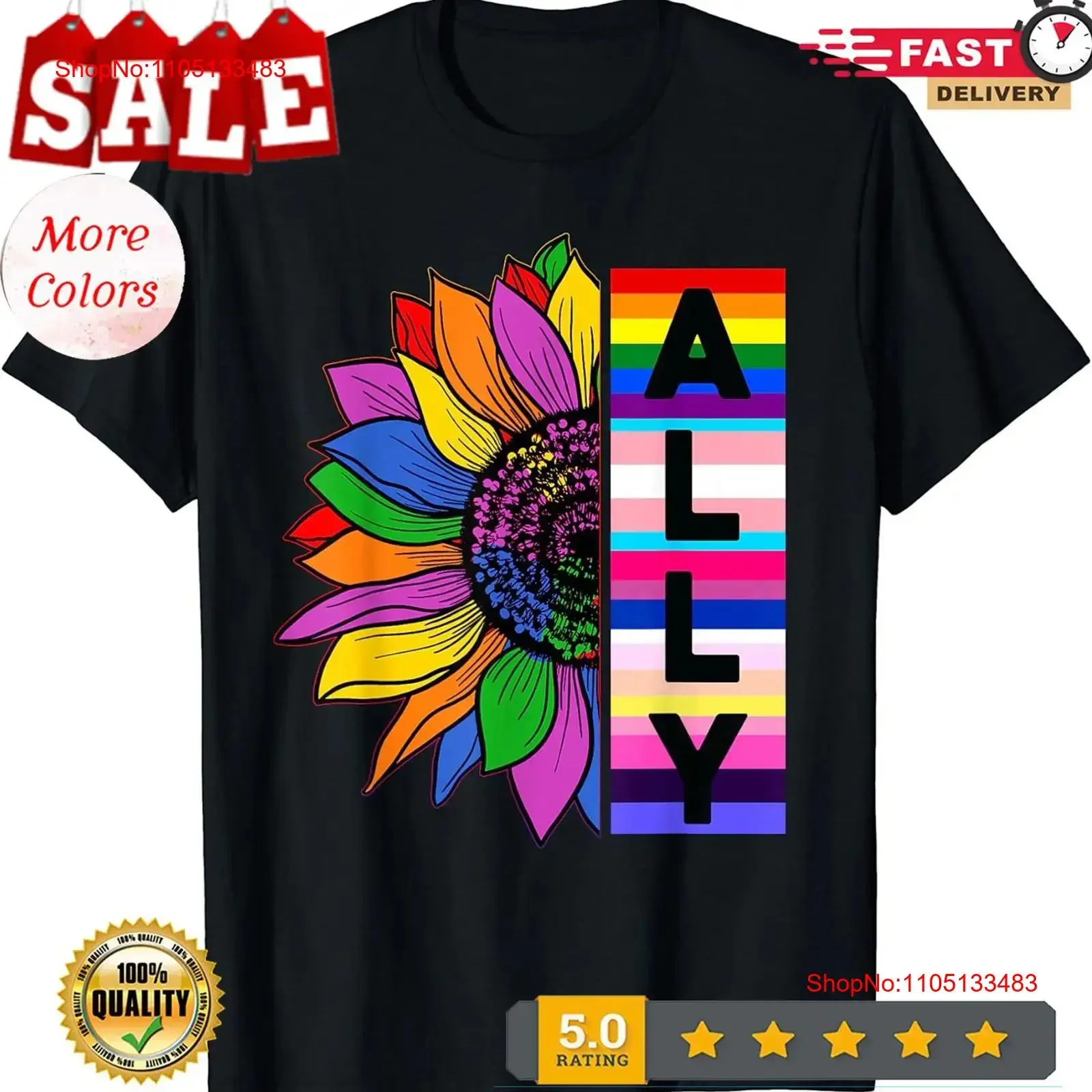 

LGBTQ Ally Pride Sunflower Rainbow T Shirt vintage Washed Stretched Breathable Top For Everyday Wear designer clothes fashion