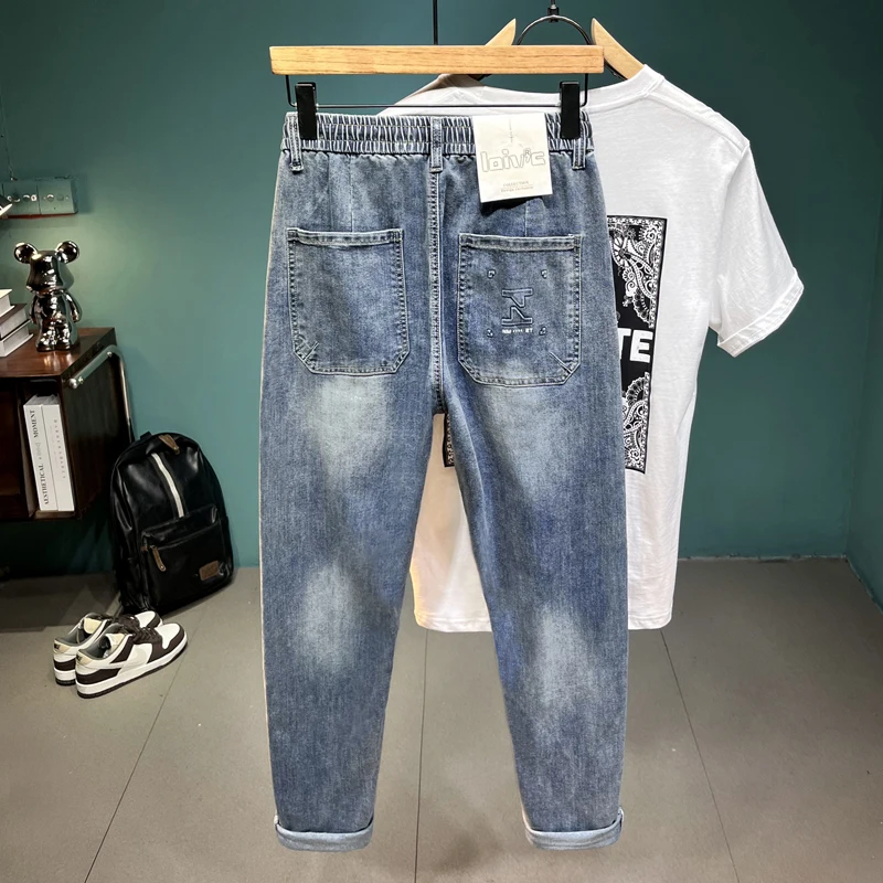 Jeans Men's Spring 2024 New Elastic Casual Simple All-Match Slightly Wide Loose Harem Ankle Tight Pants