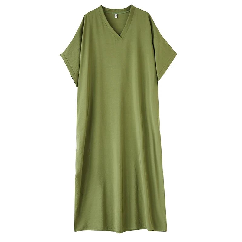 Bequemes, knielanges V-Ne-Baumwoll-Leinen-Kleid von Dr. Travel Vaion Sle mit lockerer Taille und S Sve in reiner Farbe