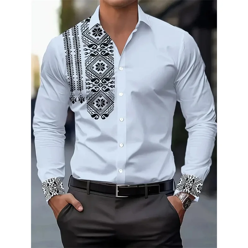 3D printed men's shirt, retro ethnic style long-sleeved casual shirt, high-quality and fashionable lapel multi-functional top