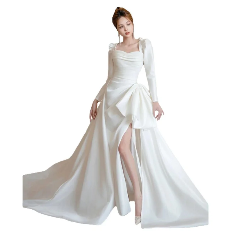 فستان زفاف خفيف من الساتان بأكمام طويلة، فستان زفاف عروس راقي على الطراز الفرنسي، أبيض بسيط، فستان خارجي أنيق على طراز هيبورن