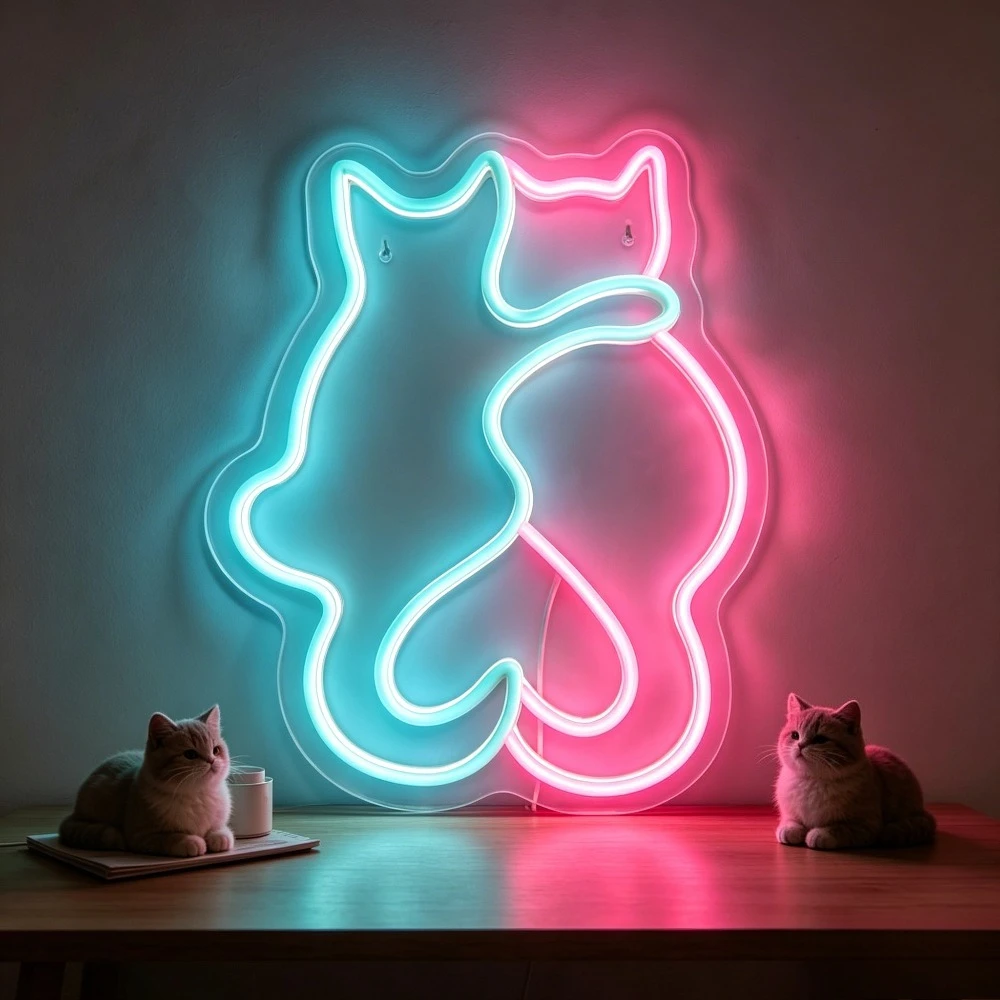 Neon Cat Couple Sign LED Wall Art USB Rechargeable Night Light Aesthetic Home Decor for Bedroom Living Room Valentine's Day Gift