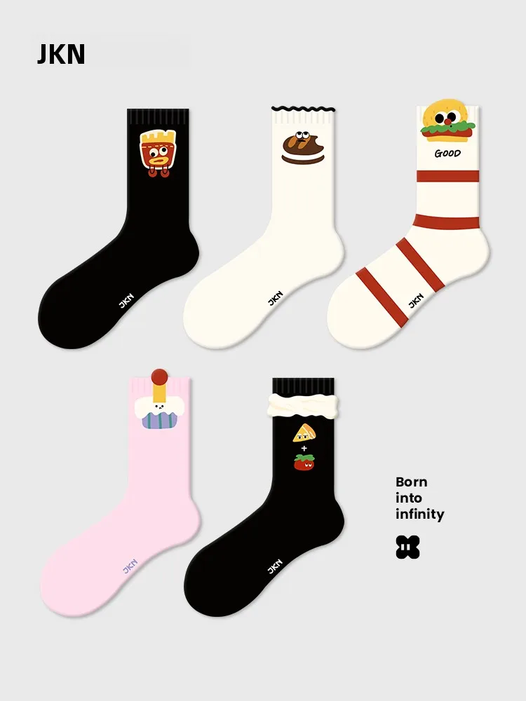 Calcetines JKN para Mujer, Diseño de Dibujos Animados, Sin Dobladillo, Largos, Transpirables, de Algodón, para Primavera, Verano y Otoño, a la Moda