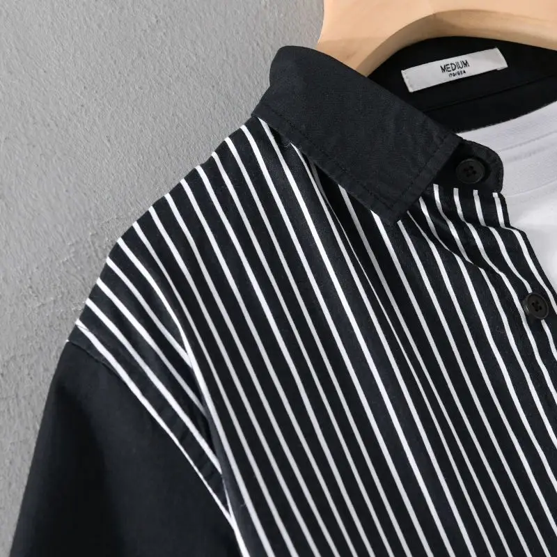 2024 Summer Men\'s New Short Sleeved Trendy Casual Shirt Loose Contrast Stripe Splicing Comfortable and Versatile Shirt Outwear