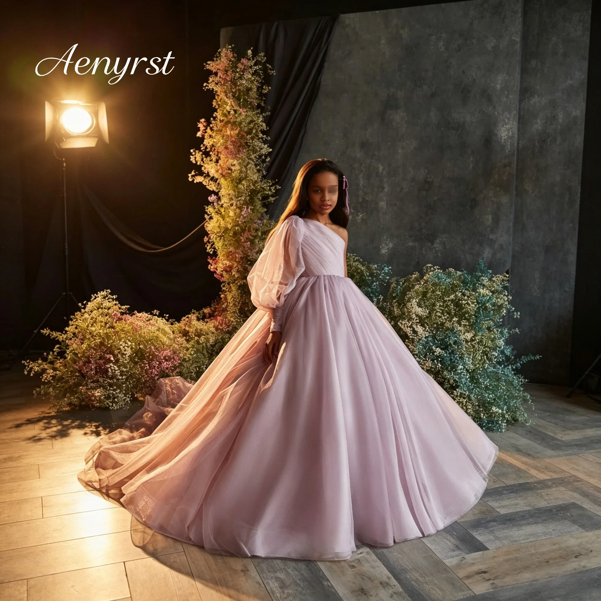 Lavender One‑Shoulder Girls Pageant Formal Gown Single Puff Tulle Long Sleeve Pleated Bodice Floor‑Length Party Dress