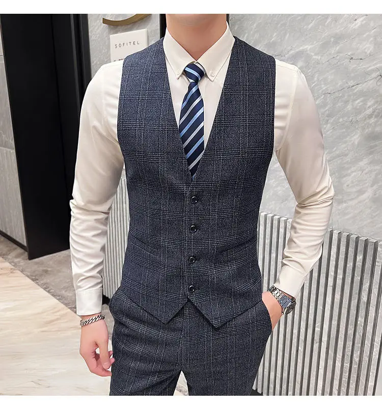 

Men's Dark Blue Three-piece Suit in Asian Sizes, Featuring Striped and Checkered Accents, Perfect for Weddings, Parties, Office.