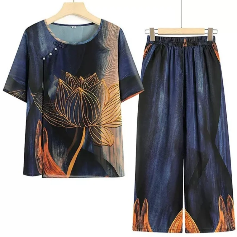 Large Size Loose Chinese Style Wide Leg Pants, Loose Casual Crotch and Belly Covering, Slimming Two-piece Women's Clothing Set