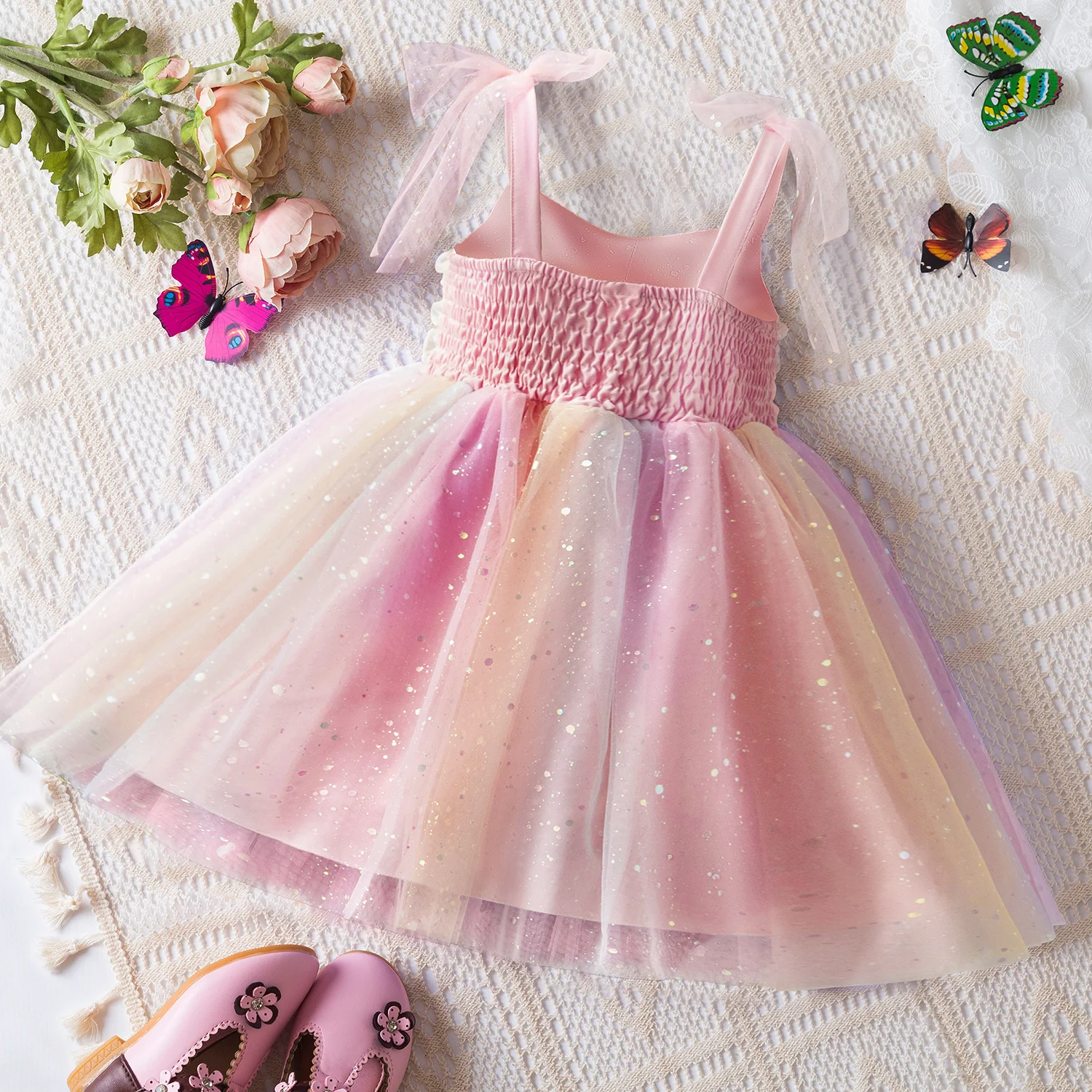 2024 New Baby Dress Girls Birthday Party Rainbow Princess Frock Summer Children Sequin Sleeveless Sling Sweet Tulle Dress 1-5Yrs