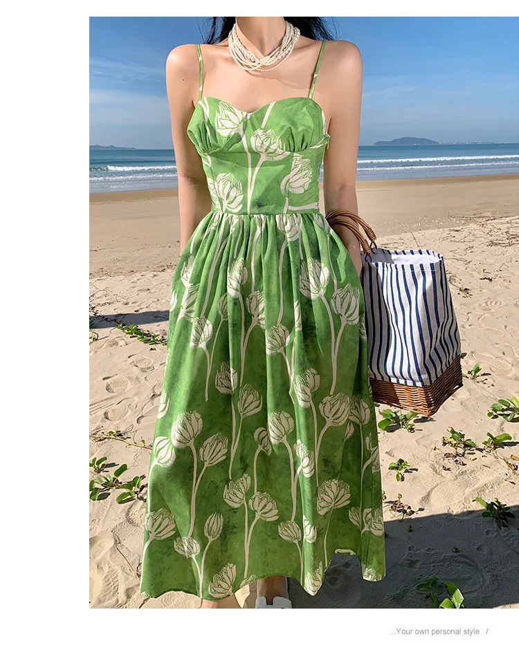 

TEELYNN Elegant Floral Print Dress for Women Casual High Waist Sling Dresses Autumn 2022 Beach Wear Big Hem Oversize Vestidos