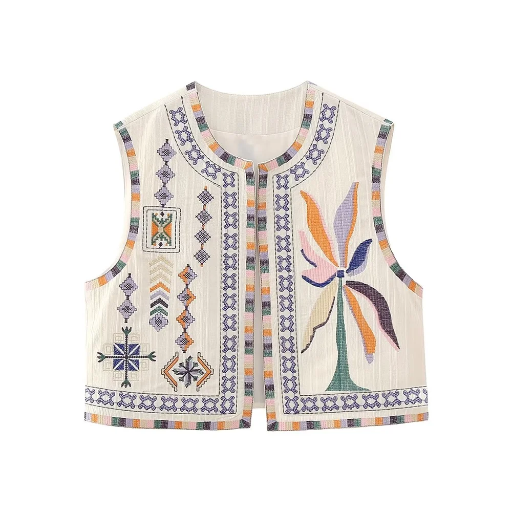 PB&ZA 2023 Autumn New Vintage Fashion Versatile Tree Pattern Embroidered Open Front Short Outerwear Vest