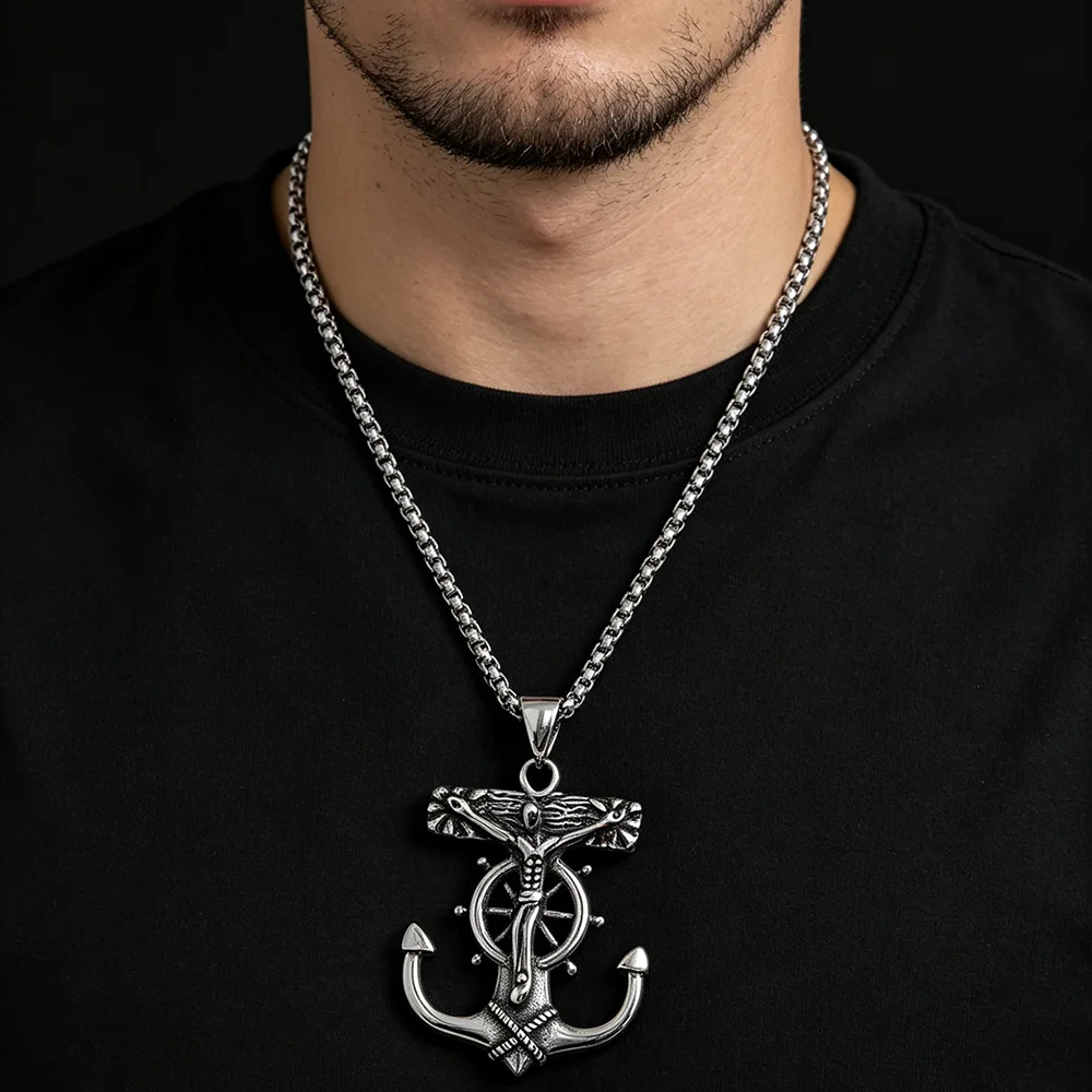 Retro cast anchor and rudder stainless steel necklace, waterproof and non-fading blackening process, bulk sales pendant
