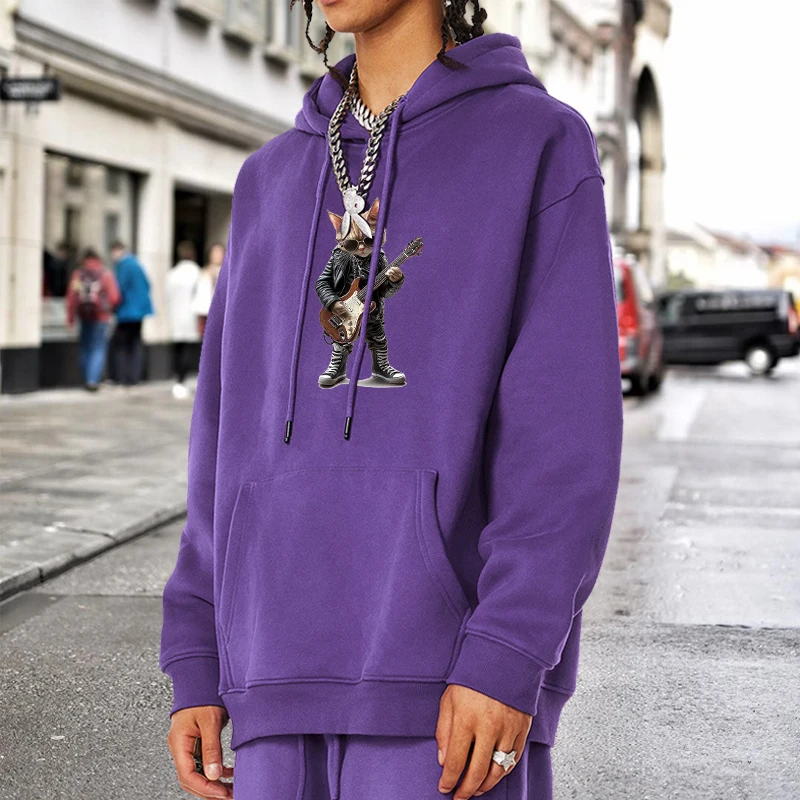 

Men Cartoon Cat Playing Guitar Printed Loose Hoodies Spring Long Sleeve Hooded Sweatshirt Harajuku Hip Hop Style Streetwear
