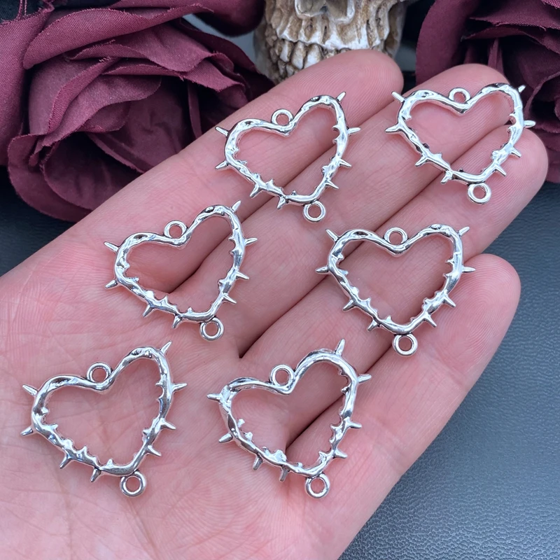 6pcs 31*28mm Goth Antique Silver Color Thorn Heart Connector Charms Pendants For Earrings Jewelry Making DIY Jewelry Findings ﻿