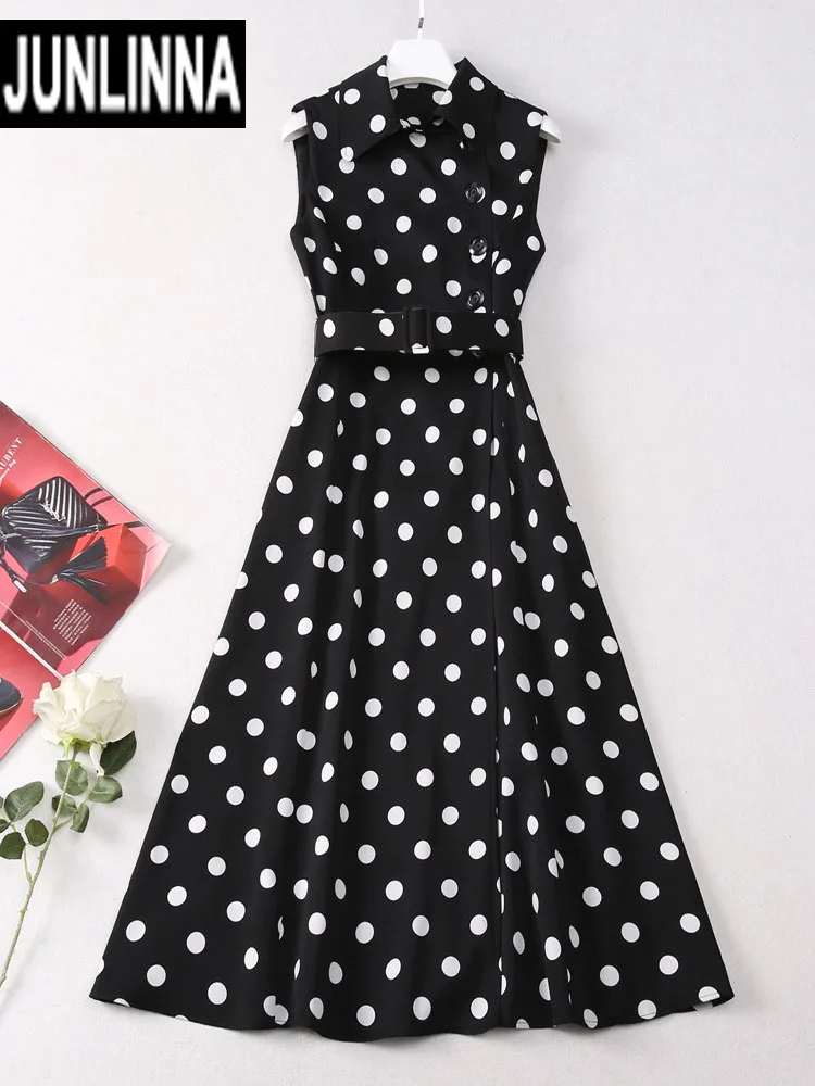 

JUNLINNA Summer Fashion Runway Dress Turn-down Collar Sleeveless Dot Printing High Street Vestidos Waist Sashes Slims