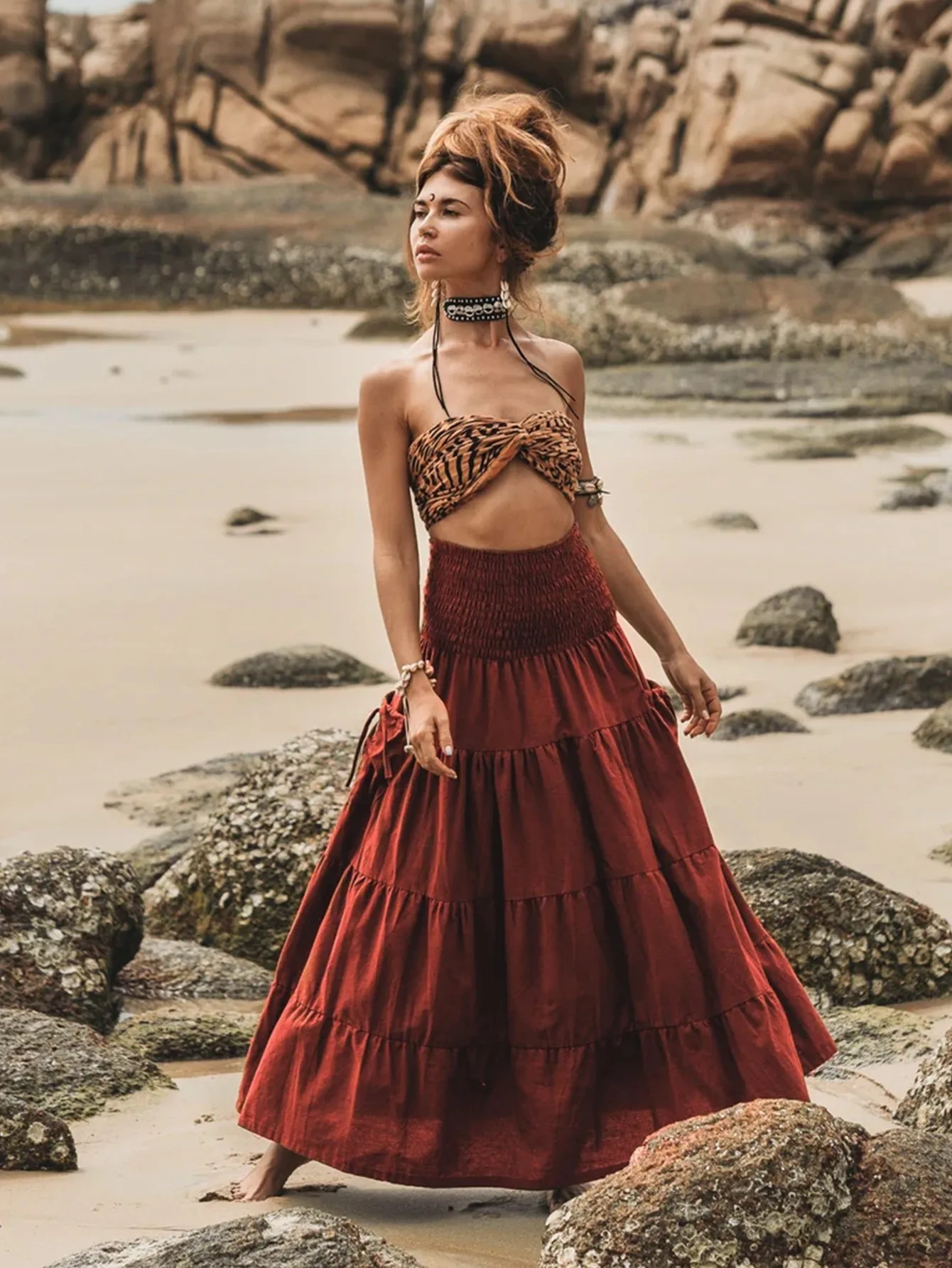 

Beachwear Skirt Boho Clothing Slub Cotton Long Skirts Beach Tiered Smocked Waist Maxi Skirt Olive Green Rust Red Wrap Skirt