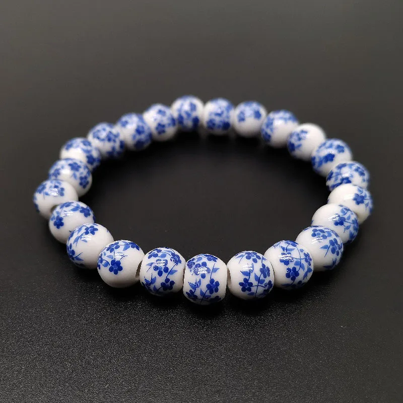 Millennial jewelry Bohemian Blue Flower Porcelain Mother Daughter Bracelet 8mm Chinoiserie Ceramic Porcelain Beaded Bracelets