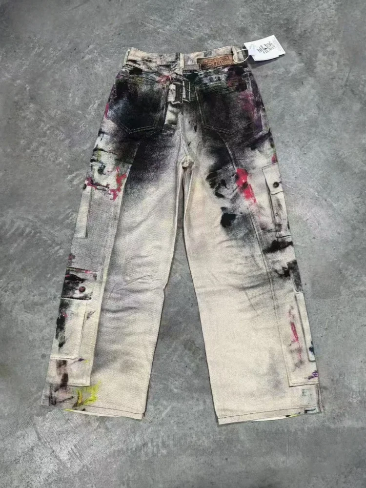 Spodnie jeansowe damskie w stylu punk Y2K z 2025 roku, z grafiką graffiti, vintage, luźne, szerokie nogawki, streetwear, gotyckie, długie spodnie.